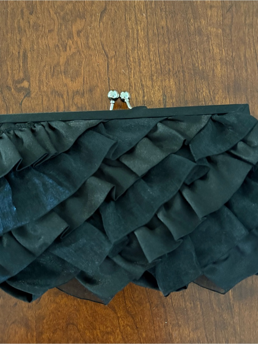 White House Black Market Black Satin Ruffle Clutch Evening Bag, Silver Chain - Picture 7 of 7